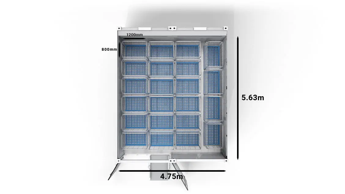 22 chariots dans un Arctic SuperStore 20 pieds à 2 compartiments