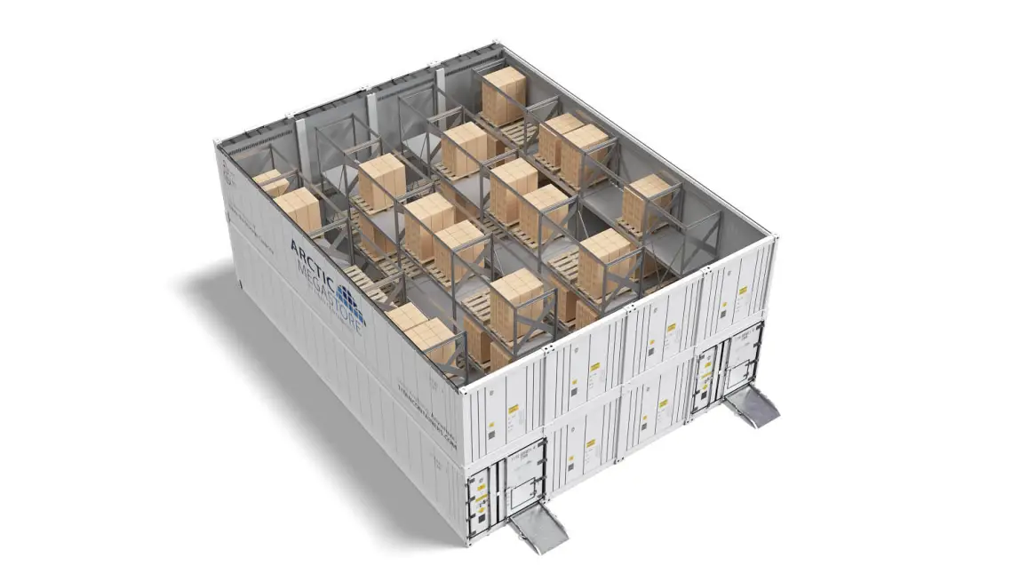 Vue intérieure d'un conteneur de stockage à température contrôlée Arctic MegaStore, doté de parois et d'un plancher isolés